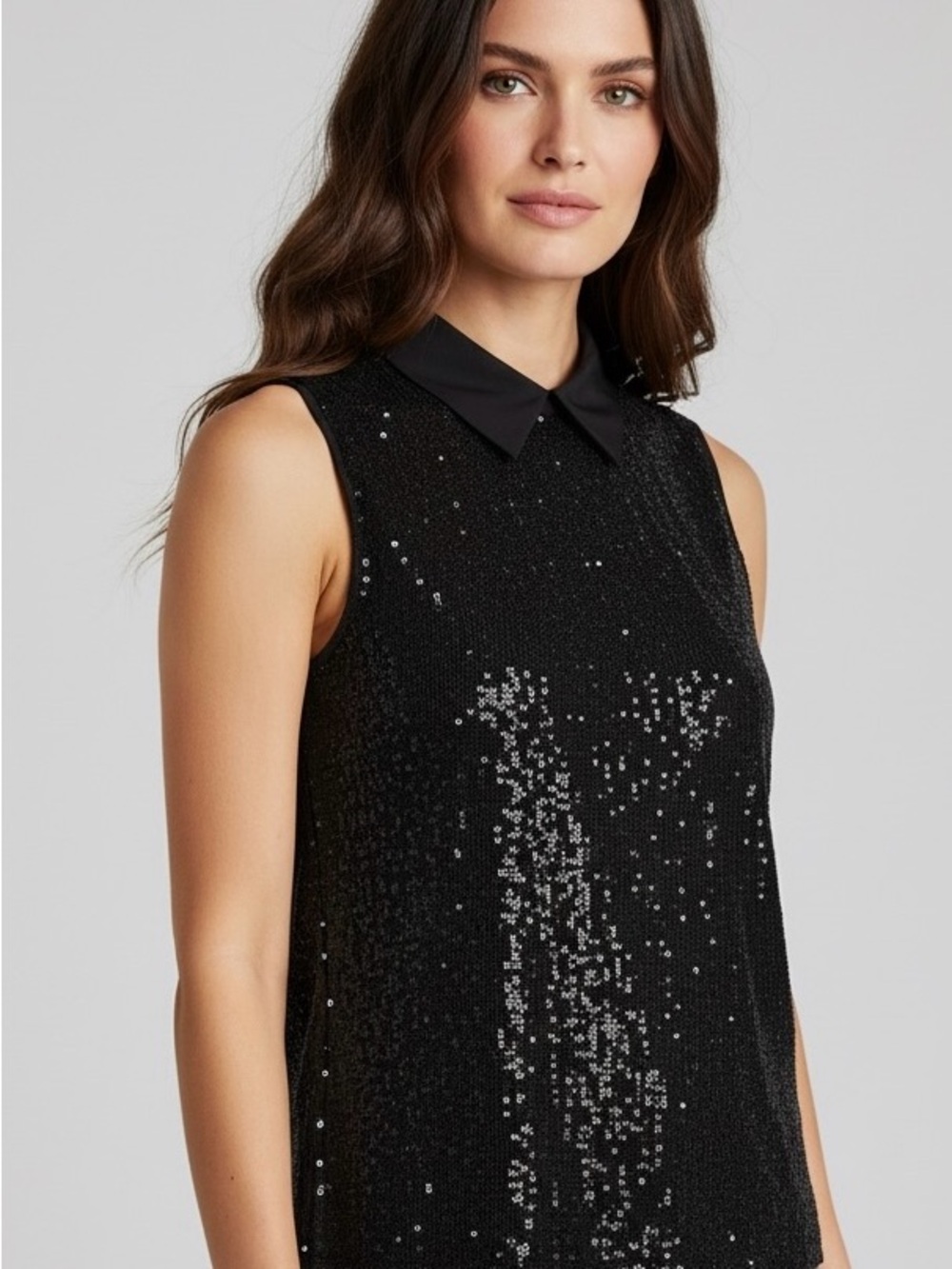 Tommy Hilfiger Black Sequin Sleeveless Collared Shell